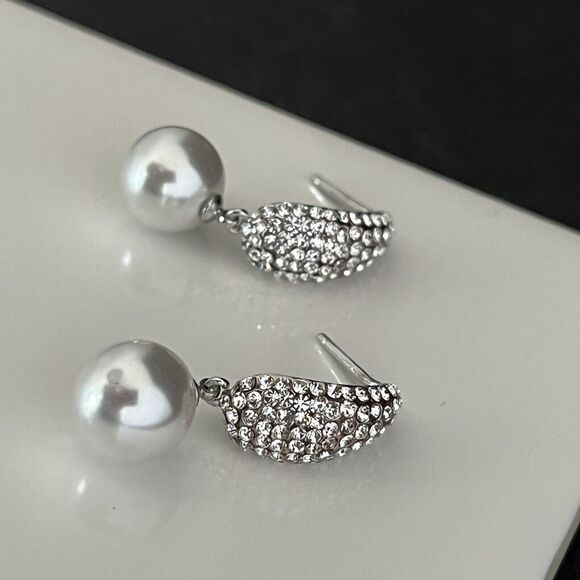 Designer Earrings Silver Tone Crystals Simulated Pearls Dangle Bridal Jewelry 4B - Picture 5 of 6